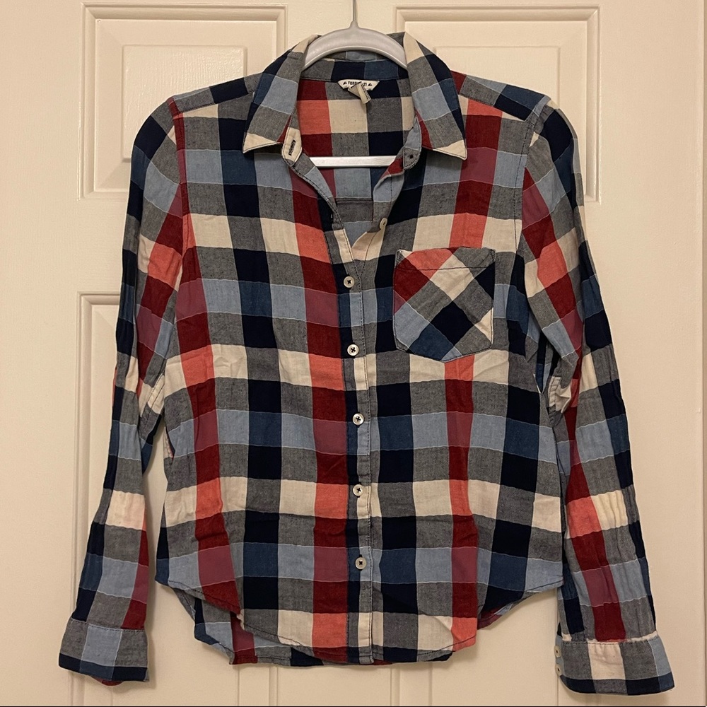 Red, White, Black and Blue Plaid Button-down Shirt
